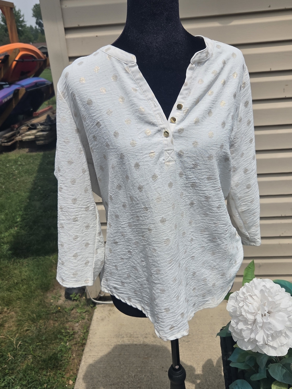 Emily Daniels White Metallic Dot Henley Tunic Top
